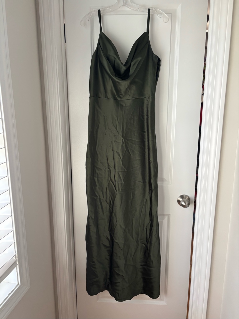 Revelry Olive Green Satin Cowl Slip Maxi Dress